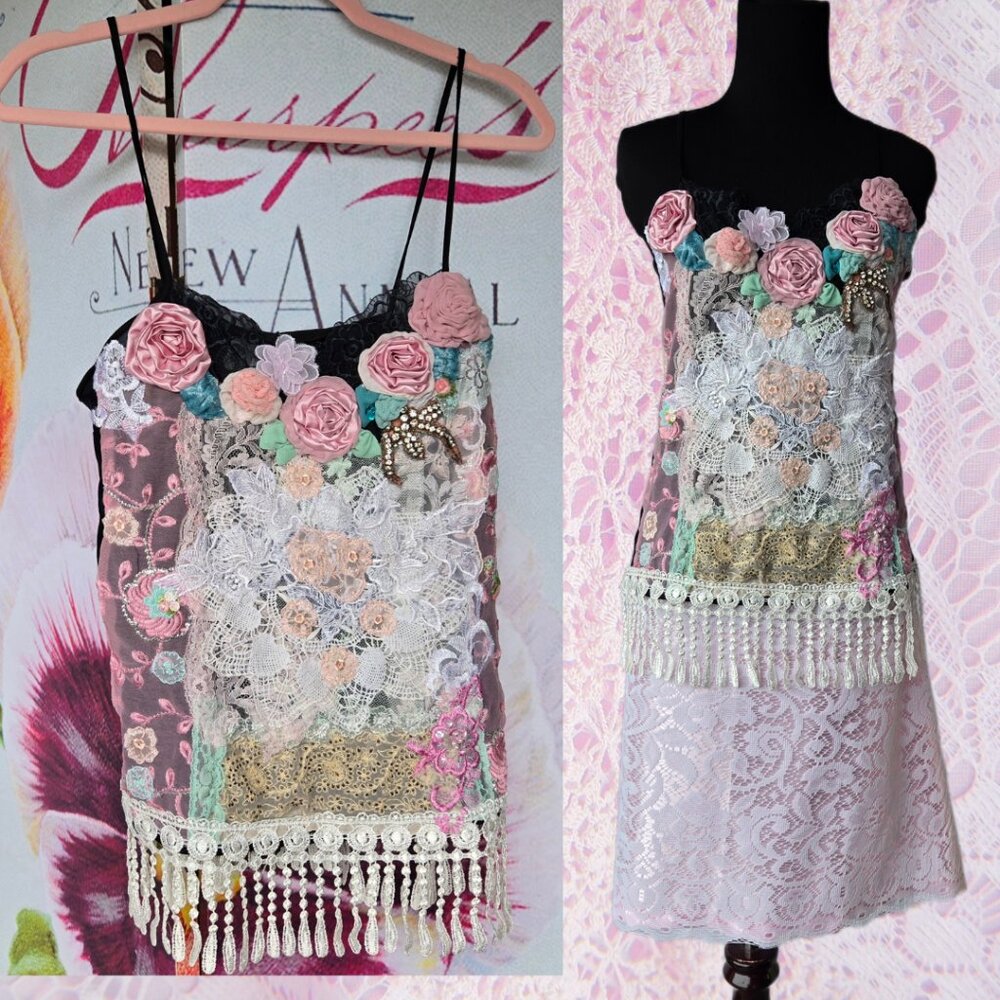 Handmade Pink Rose Embroidered and Vintage Lace Blouse Spaghetti Straps Romantic